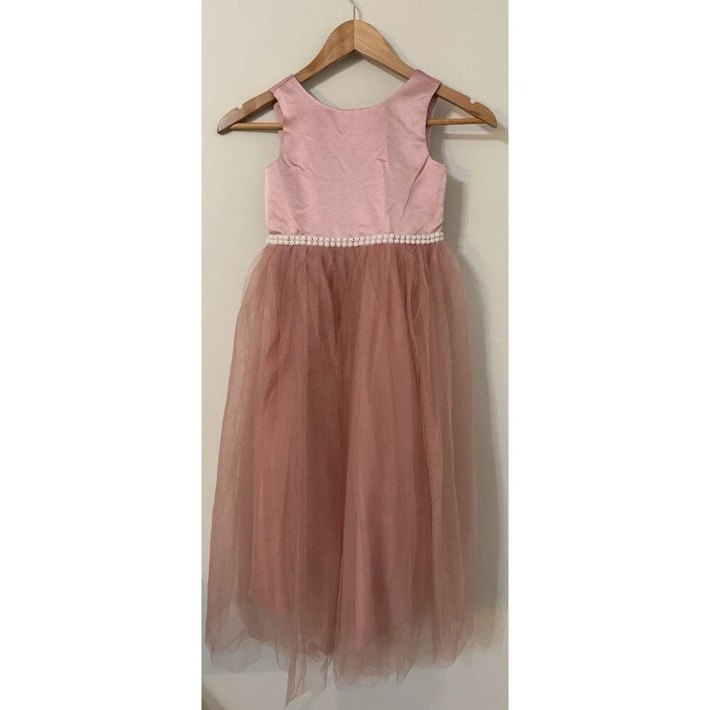 Girls Size 6 Formal Dress -Sleeveless Pink Silk & Tulle Dress w/ Bow On Back NWT